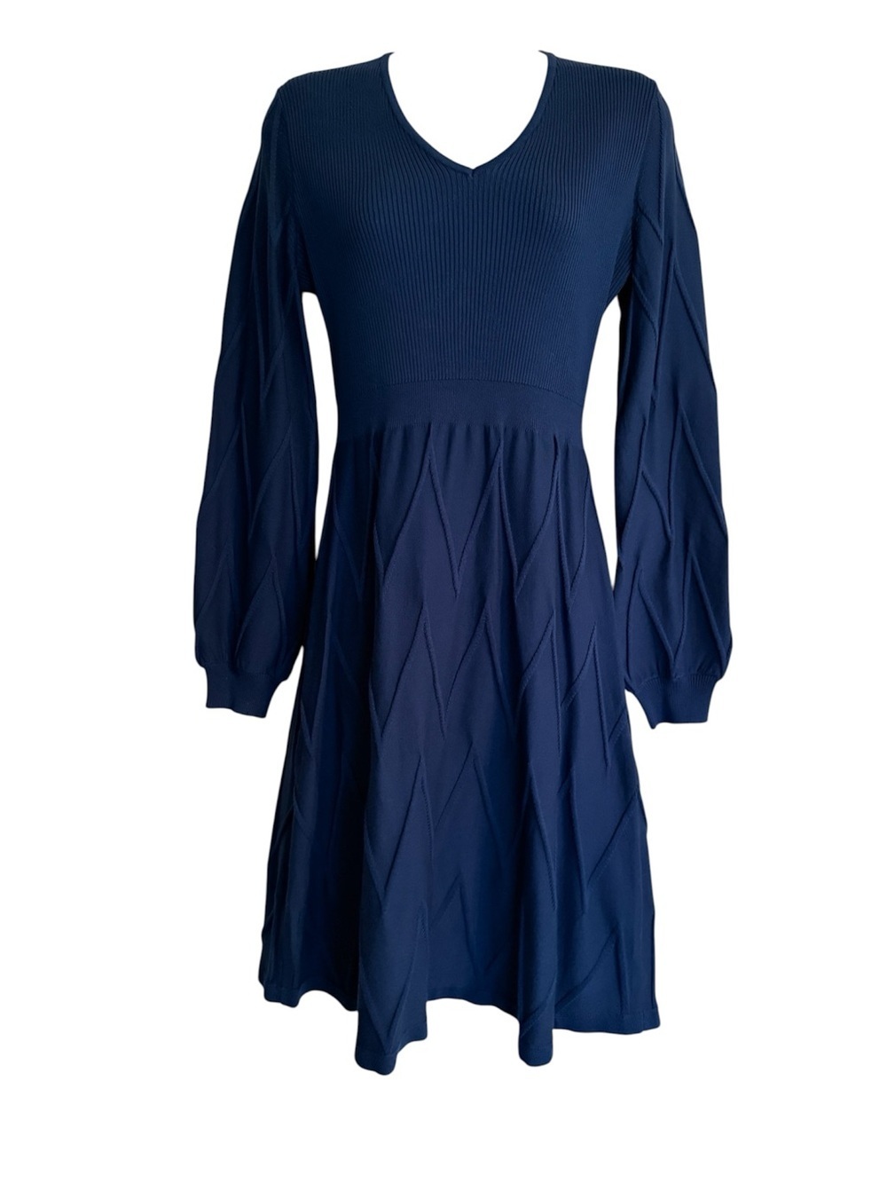 Nina Leonard Navy Knit V-Neck Puff Sleeve Dress Size Medium